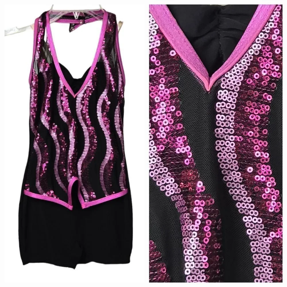 Girls Weissman Pink Sequin Halter Biketard Sleeveless Mesh Leotard Dance Costume
